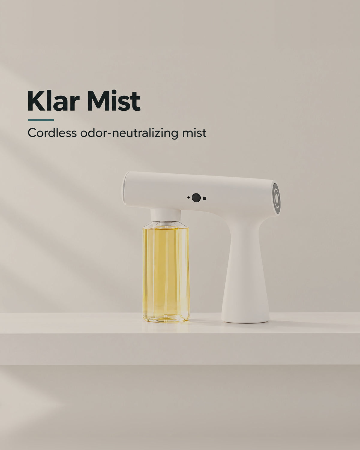 Klar Mist cordless odor-neutralizing mist sprayer on a white shelf