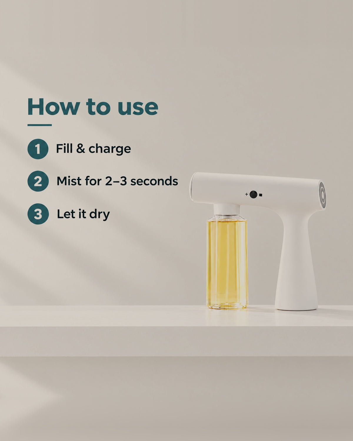 How to use Klar Mist: fill and charge, mist for 2-3 seconds, let it dry