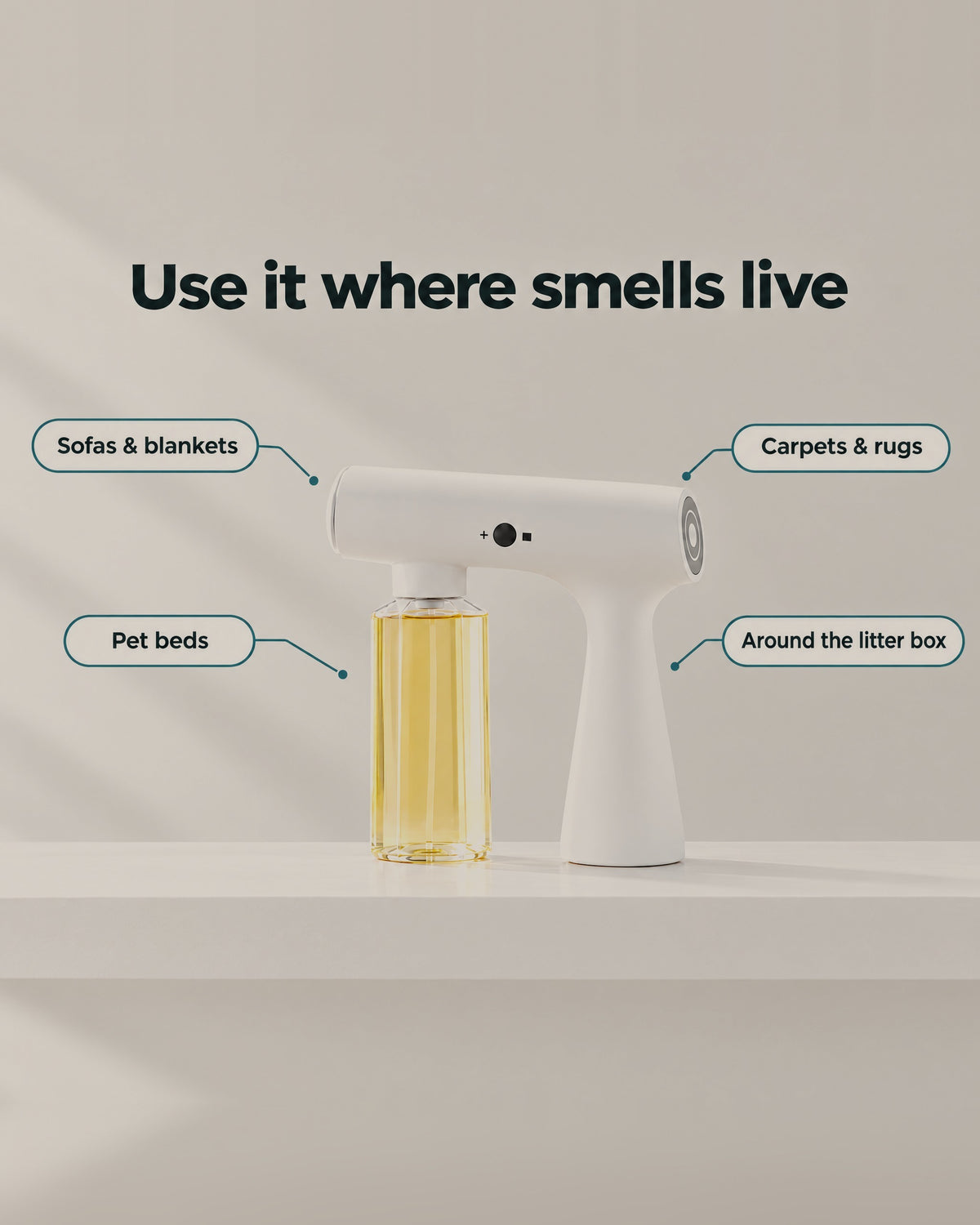 Use Klar Mist on sofas, pet beds, carpets and around the litter box