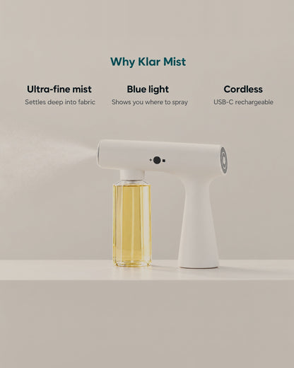 Why Klar Mist: ultra-fine mist, blue light, cordless USB-C rechargeable